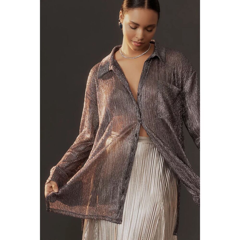 Anthropologie Pilcro silver black metallic button down shirt size small holiday